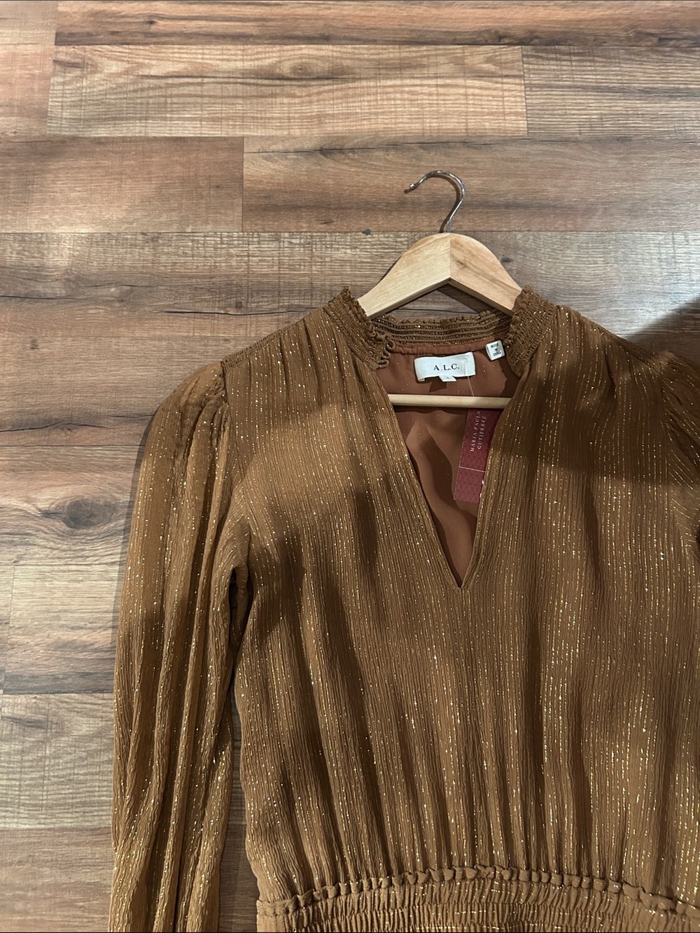 A.L.C. Metallic Tan Ruffled Neck Mini Dress - Picture 3 of 4